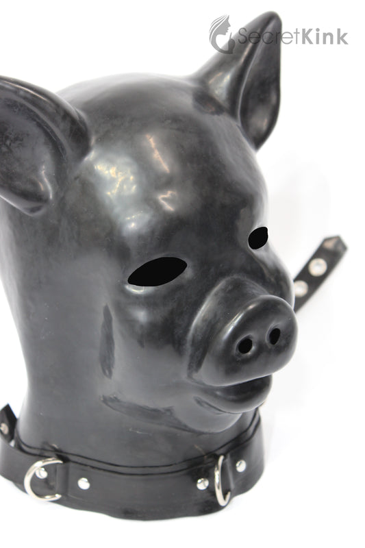 Extra Thick Black Latex Pig Hood (with Latex Padlock Collar)