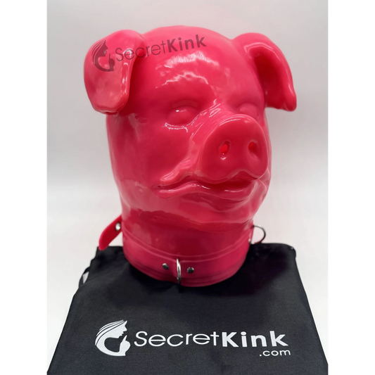 Extra Thick Pink Latex Rubber Pig Hood (with Padlock Collar)