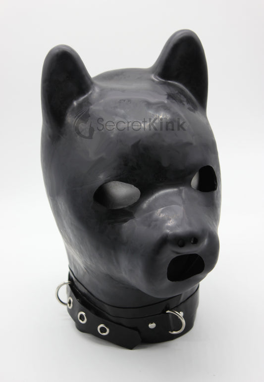 Extra Thick Black Latex Dog Hood (with Padlock Collar) - Limited
