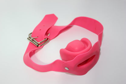 All Pink Latex Rubber Mouth Gag l Adjustable Latex Strap Buckle Belt