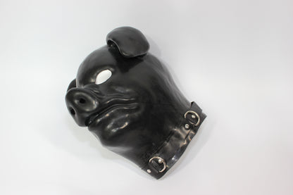 Extra Thick Black Latex Rubber Pig Hood (with Padlock Collar)