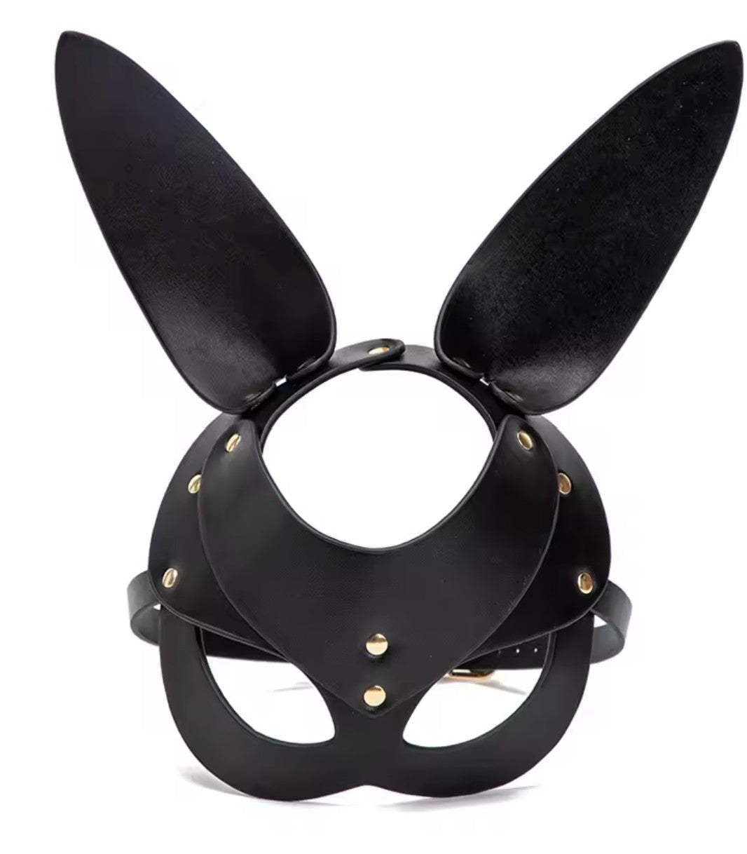 Black Vegan Leather Bunny Mask l Masquerade Half Mask l Adjustable