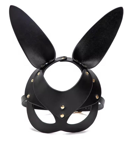 Black Vegan Leather Bunny Mask l Masquerade Half Mask l Adjustable