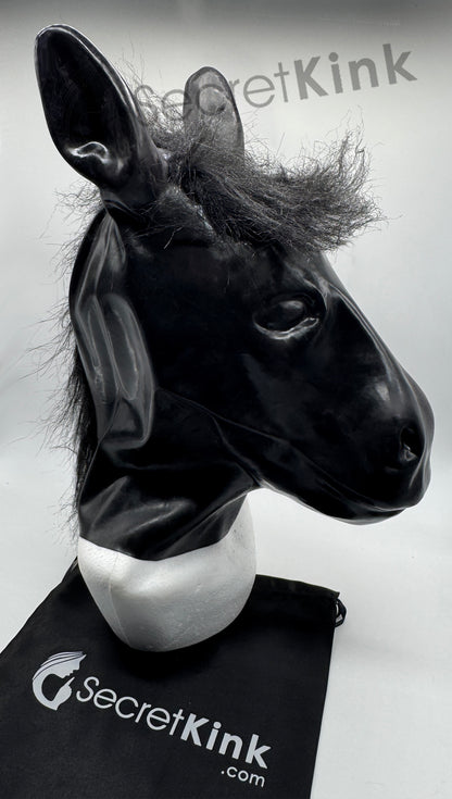 Black Latex Horse Pony Hood with Mane Hair
