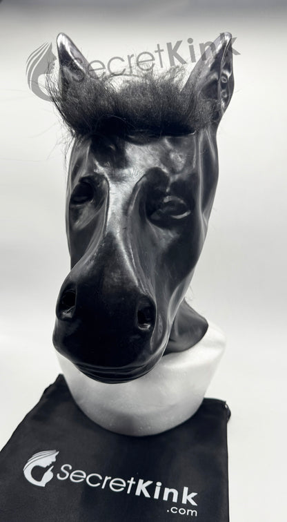 Black Latex Horse Pony Hood with Mane Hair