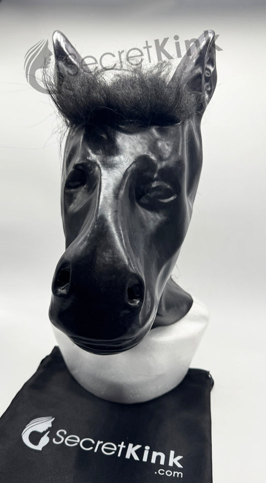 Black Latex Horse Pony Hood with Mane Hair