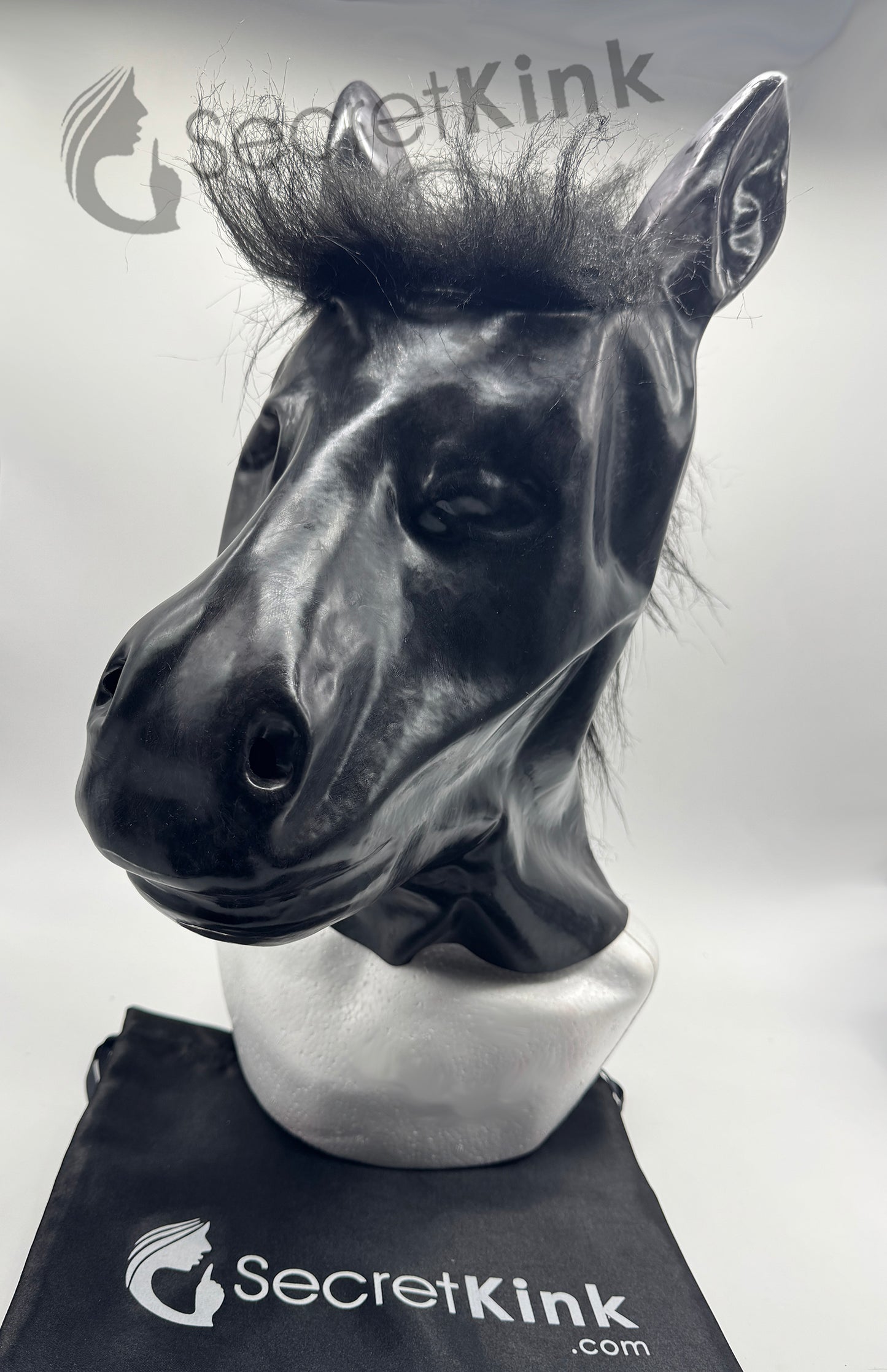 Black Latex Horse Pony Hood with Mane Hair