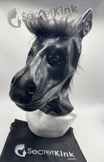 Black Latex Horse Pony Hood with Mane Hair