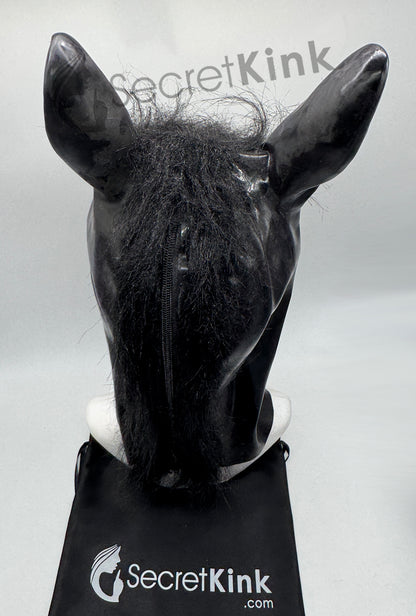 Black Latex Horse Pony Hood with Mane Hair