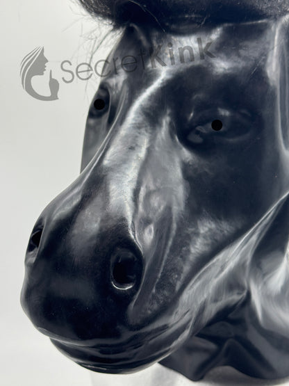 Black Latex Horse Pony Hood with Mane Hair