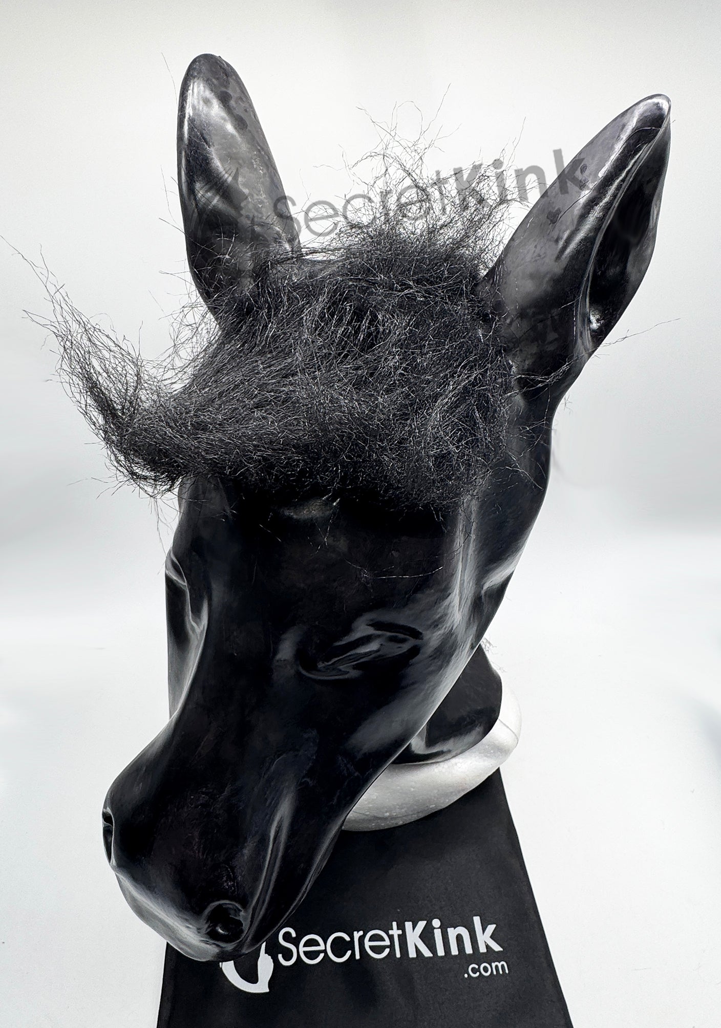 Black Latex Horse Pony Hood with Mane Hair