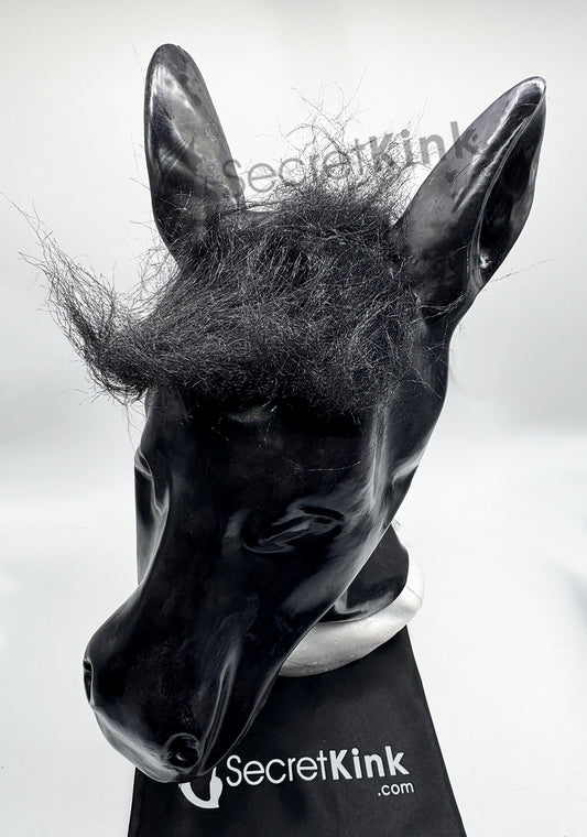 Black Latex Horse Pony Hood with Mane Hair