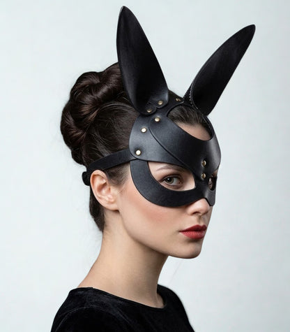 Black Vegan Leather Bunny Mask l Masquerade Half Mask l Adjustable