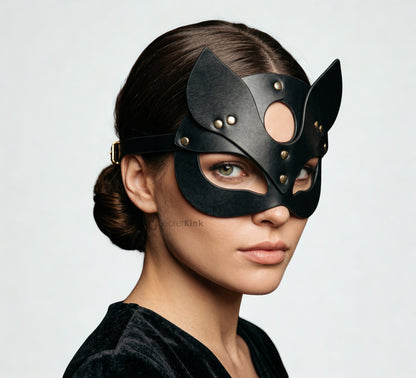 Black Vegan Leather Pussy Cat Mask l Adjustable Masquerade