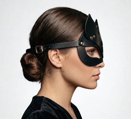 Black Vegan Leather Pussy Cat Mask l Adjustable Masquerade