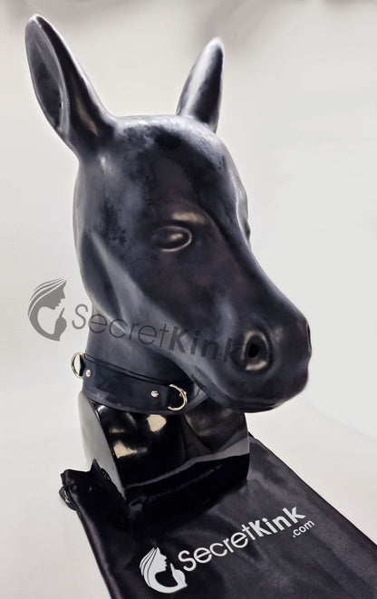Extra Thick Black Latex Rubber Horse Pony Hood (with Padlock Collar)