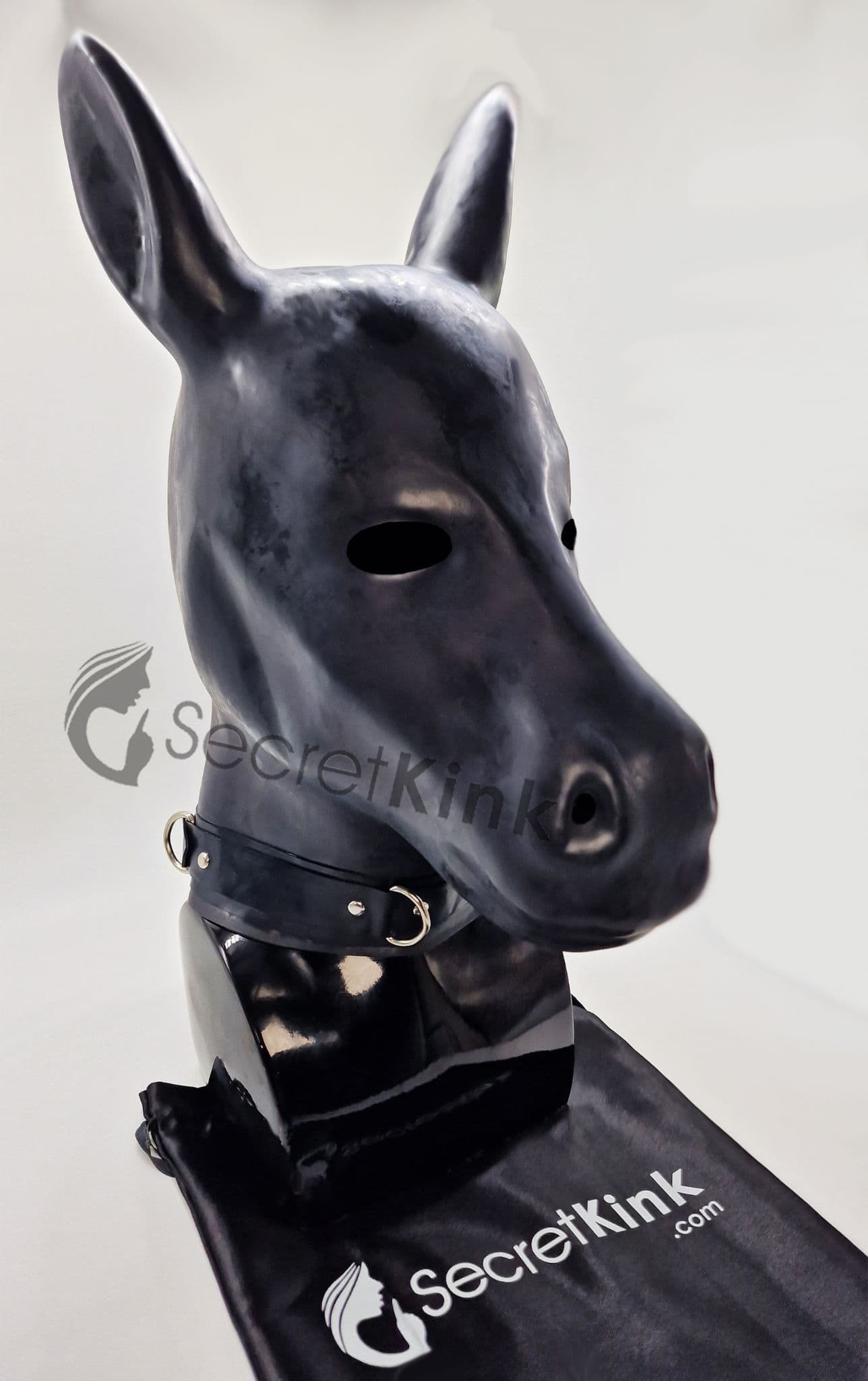 Extra Thick Black Latex Rubber Horse Pony Hood (with Padlock Collar)
