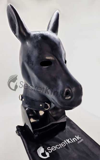 Extra Thick Black Latex Rubber Horse Pony Hood (with Padlock Collar)