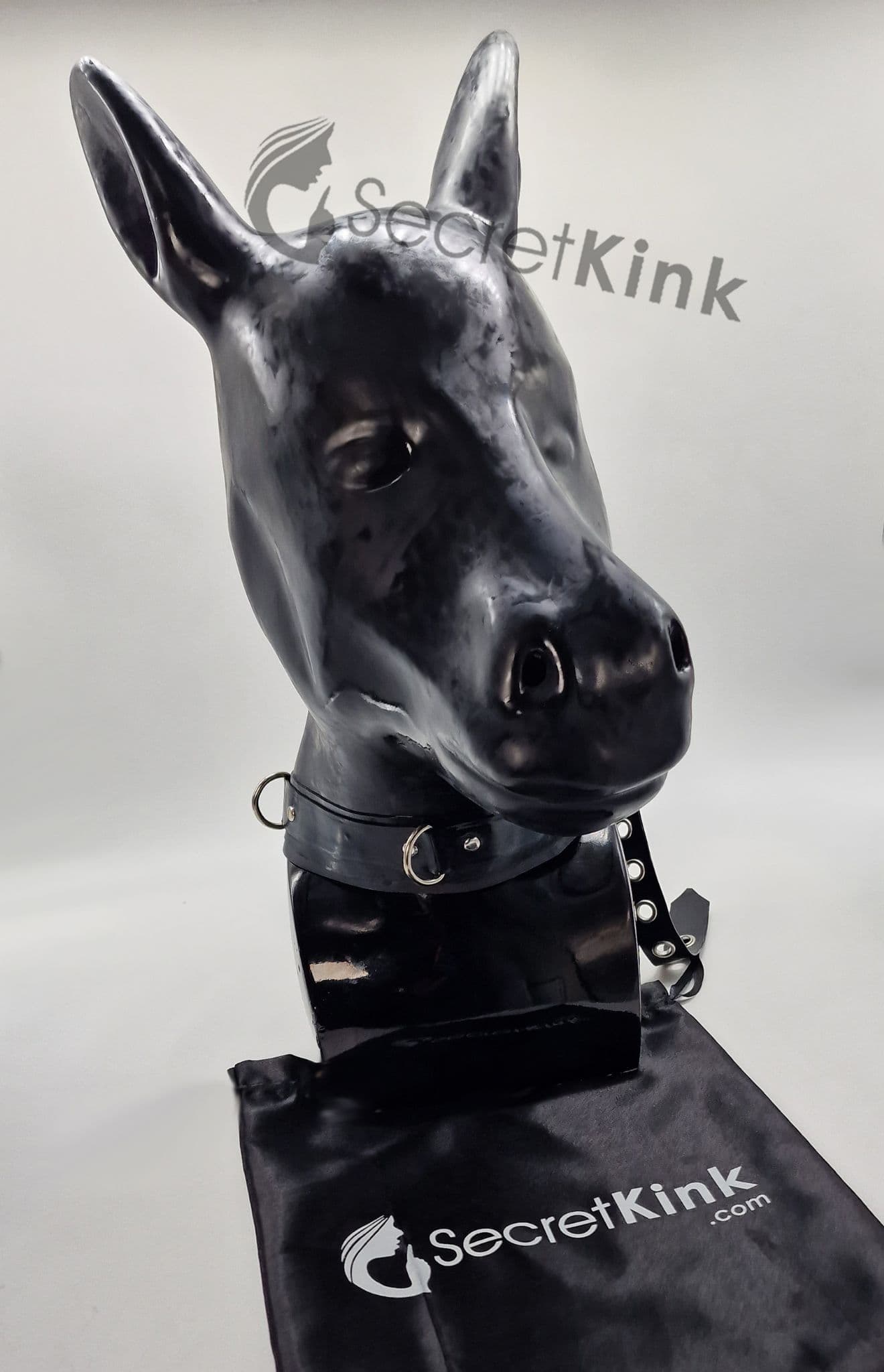 Extra Thick Black Latex Rubber Horse Pony Hood (with Padlock Collar)