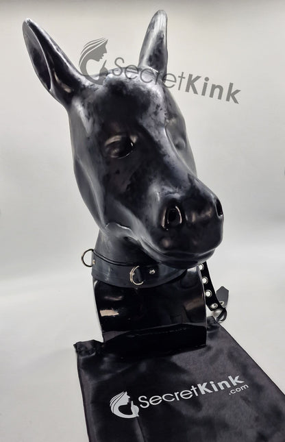 Extra Thick Black Latex Rubber Horse Pony Hood (with Padlock Collar)