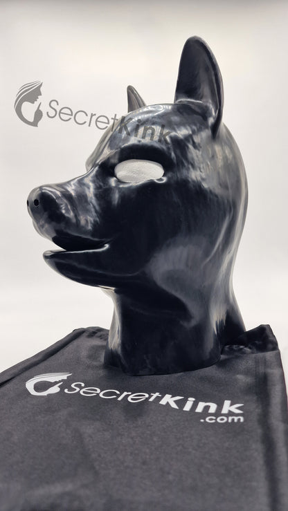Black Latex Rubber Puppy Dog Hood - Doberman Style
