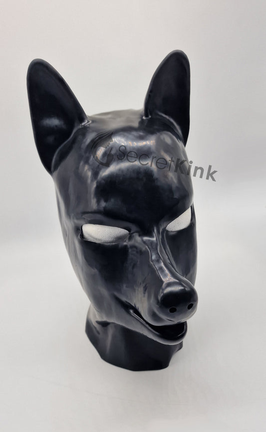 Black Latex Rubber Puppy Dog Hood - Doberman Style