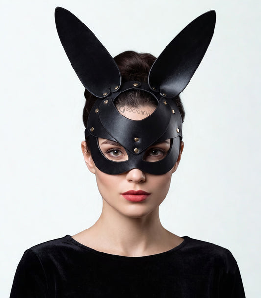 Black Vegan Leather Bunny Mask l Masquerade Half Mask l Adjustable