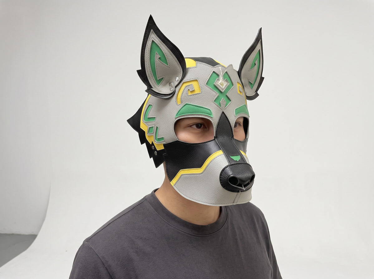 Handcrafted Vegan Leather Dog Hood Mask – Tribal Cyberpunk Canine Cosplay & Costume Mask