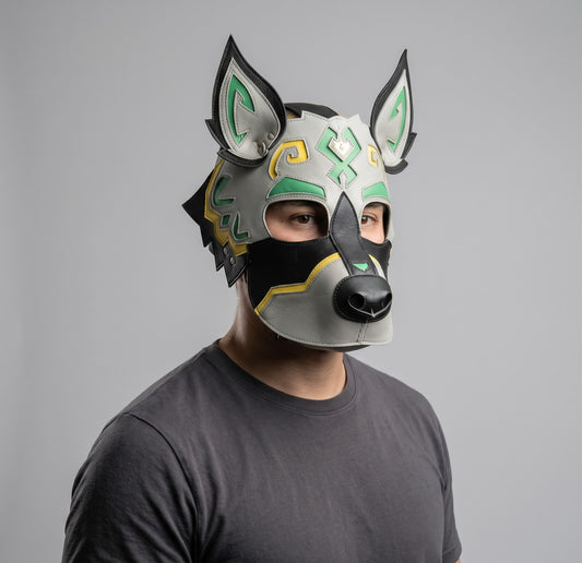 Handcrafted Vegan Leather Dog Hood Mask – Tribal Cyberpunk Canine Cosplay & Costume Mask