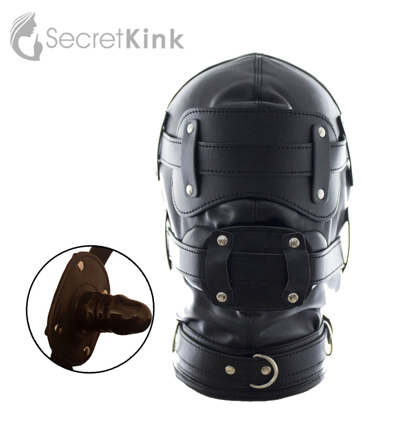 3 Piece Vegan Leather Bondage Hood ( with Dildo Mouth Gag)