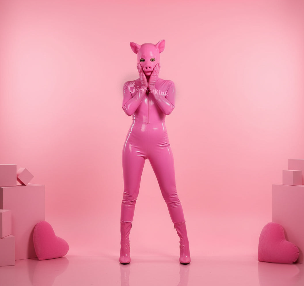 Pink Latex Piglet Hood | Rubber Pig Mask for Cosplay & Pet Play