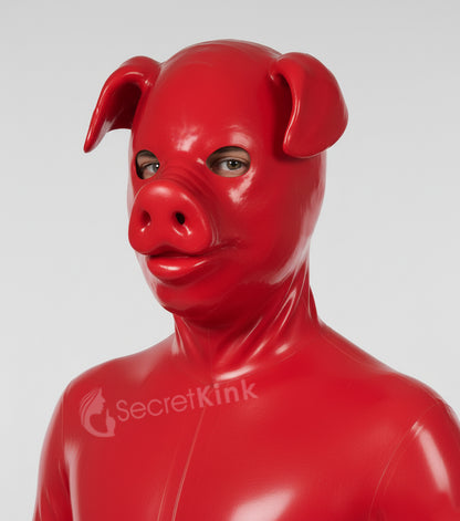 Premium Red Latex Pig Hood – Full Face Fetish Mask