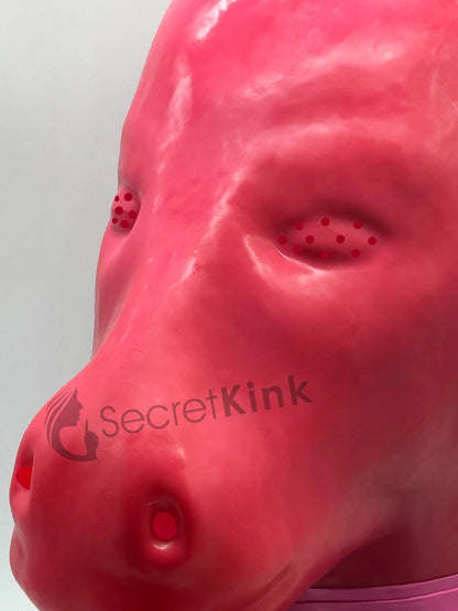Extra Thick Pink Latex Rubber Horse Pony Hood (with Padlock Collar)