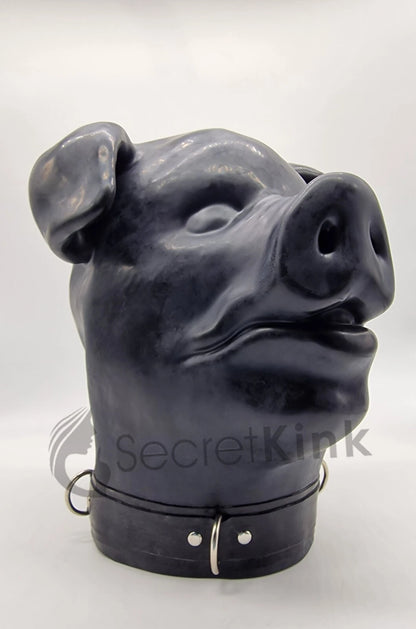 Extra Thick Black Latex Rubber Pig Hood (with Padlock Collar)