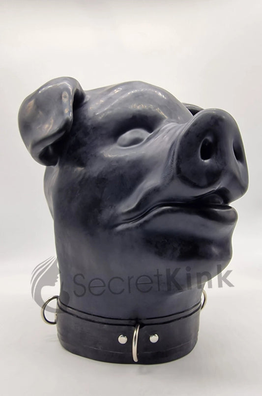 Extra Thick Black Latex Rubber Pig Hood (with Padlock Collar)