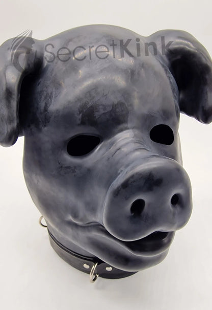 Extra Thick Black Latex Rubber Pig Hood (with Padlock Collar)