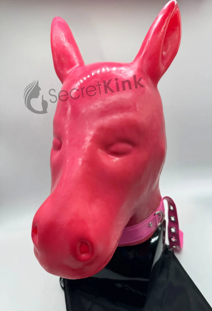 Extra Thick Pink Latex Rubber Horse Pony Hood (with Padlock Collar)