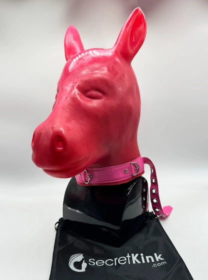 Extra Thick Pink Latex Rubber Horse Pony Hood (with Padlock Collar)