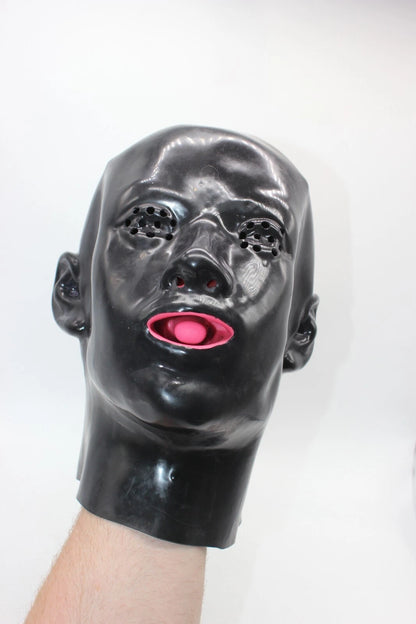 Moulded Latex Feminine Hood (with Mouth Gag and Nose Tubes)