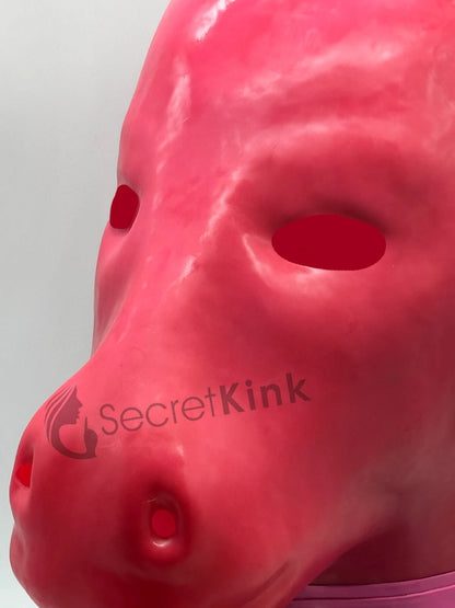 Extra Thick Pink Latex Rubber Horse Pony Hood (with Padlock Collar)