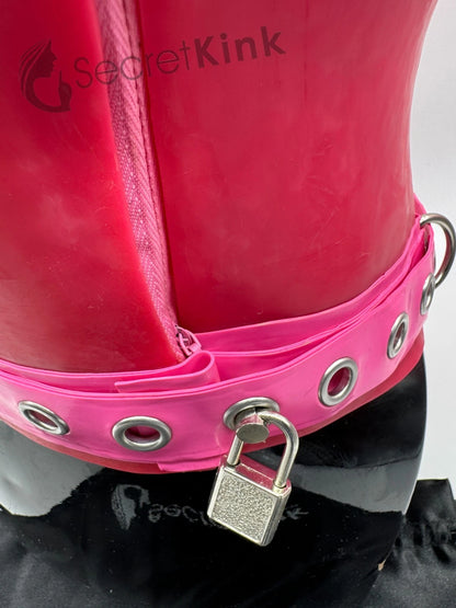 Extra Thick Pink Latex Rubber Horse Pony Hood (with Padlock Collar)