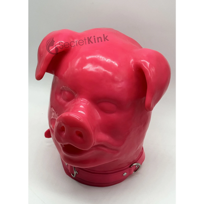 Extra Thick Pink Latex Rubber Pig Hood (with Padlock Collar)