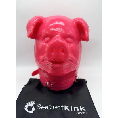 Extra Thick Pink Latex Rubber Pig Hood (with Padlock Collar)